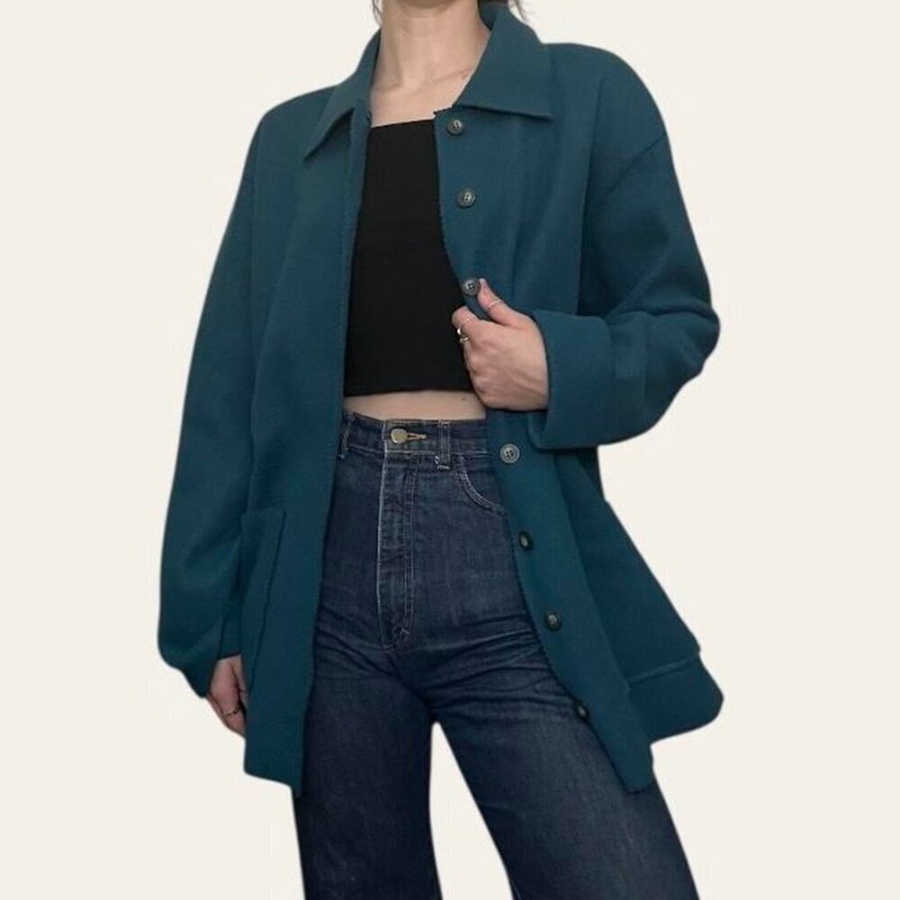 Partners 2000s vintage dark teal fleece button-up shacket felt coat - small - Picture 6 of 8